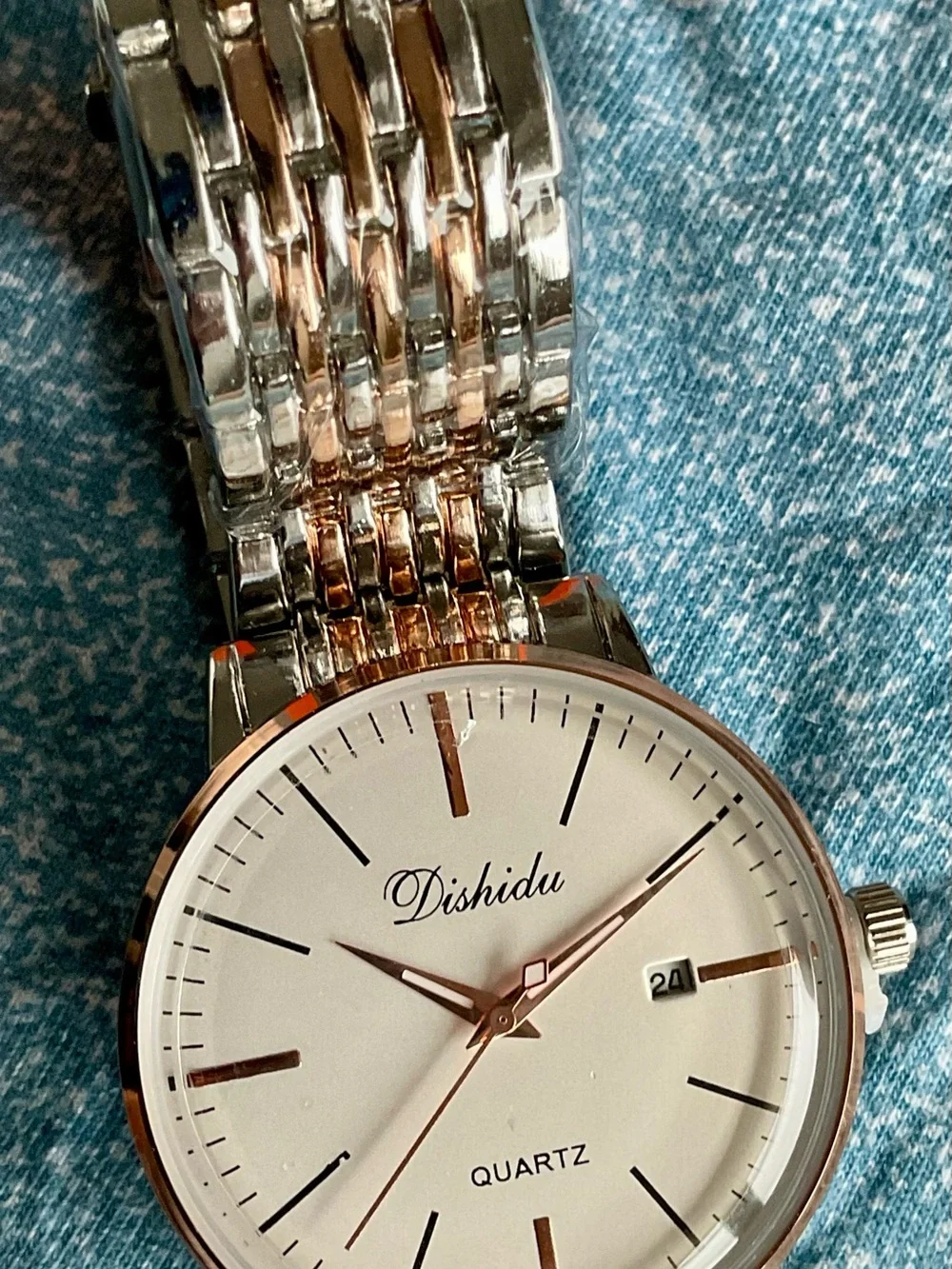 NIB Classic Dishidu Gold And S/S Dress Watch Two Tone Mesh Bracelet w Tool
